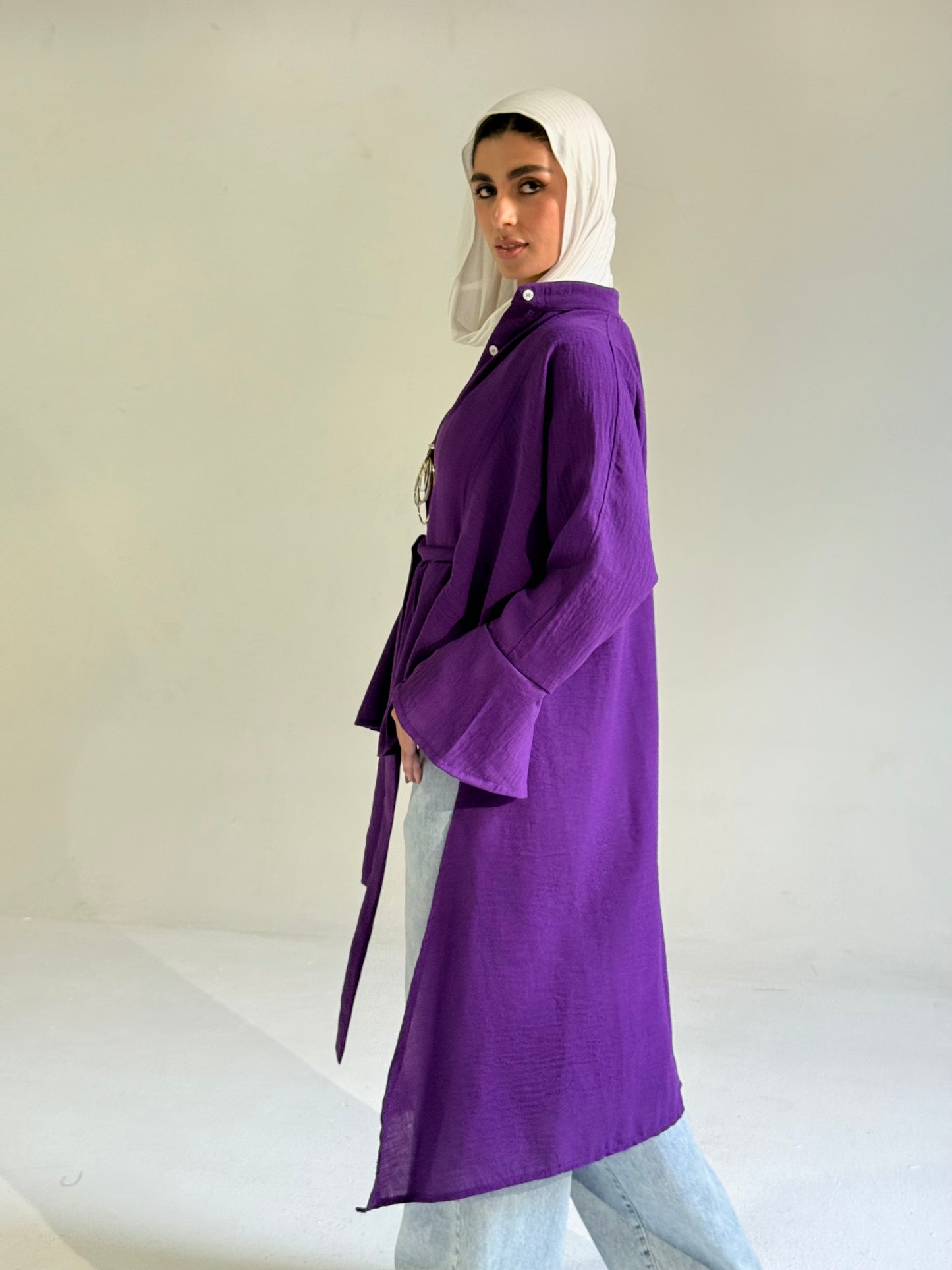 Linen Belted Asymmetrical Shirt in Purple