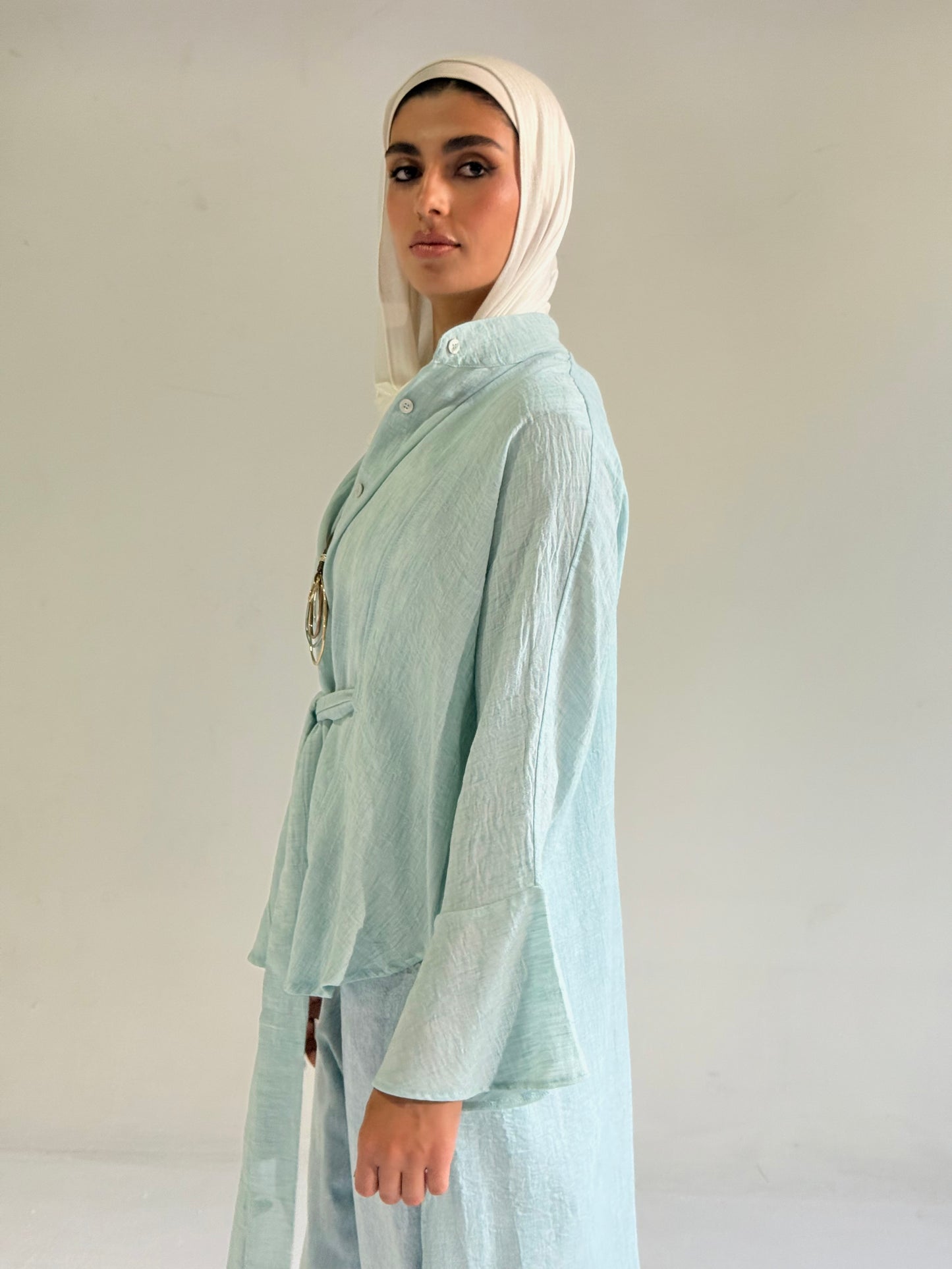 Linen Belted Asymmetrical Shirt in Aqua Blue
