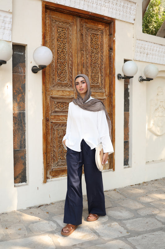 Linen wide Pants in Navy Blue