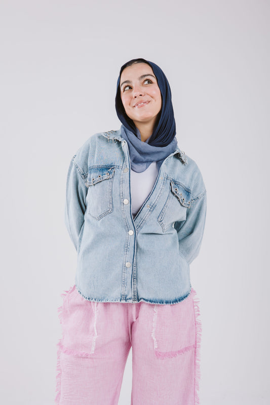 Denim Pockets Shirt with silver rings