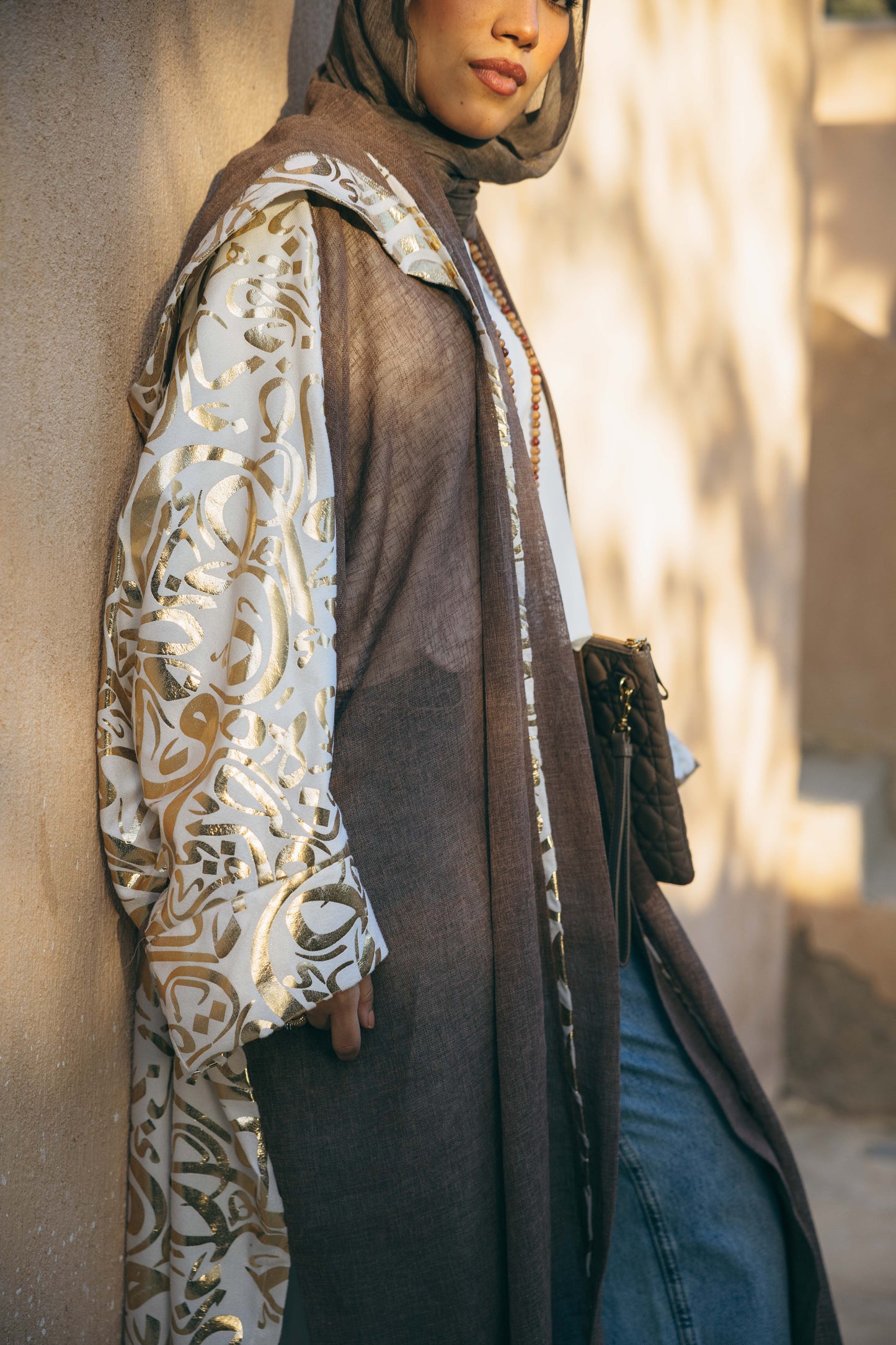 Calligraphy Linen Kaftan in Cafe